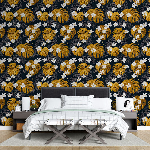 Tropical Golden Leaf & White Flower Wallpaper