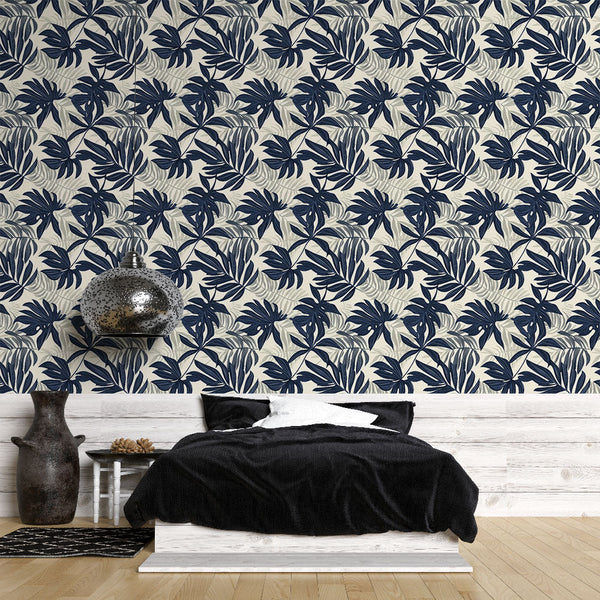 Tropical Wallpaper | Navy Exotic Leaves Wall Mural