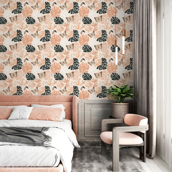Tropical Wallpaper | Exotic Leaves and Butterflies in Pastel