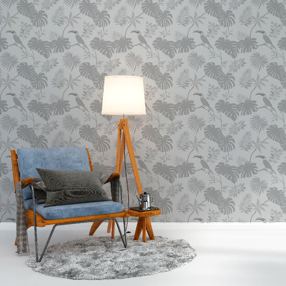 Tropical Wallpaper | Exotic Leaves and Toucans in Grey