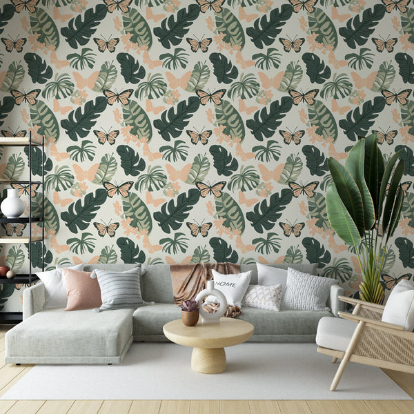 Tropical Wallpaper | Lush Leaves and Butterflies on Light