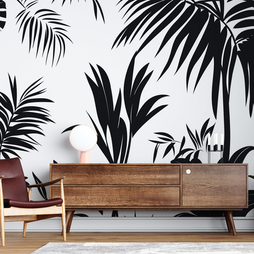 Tropical Wallpaper | Bold Black Leaves on White Mural