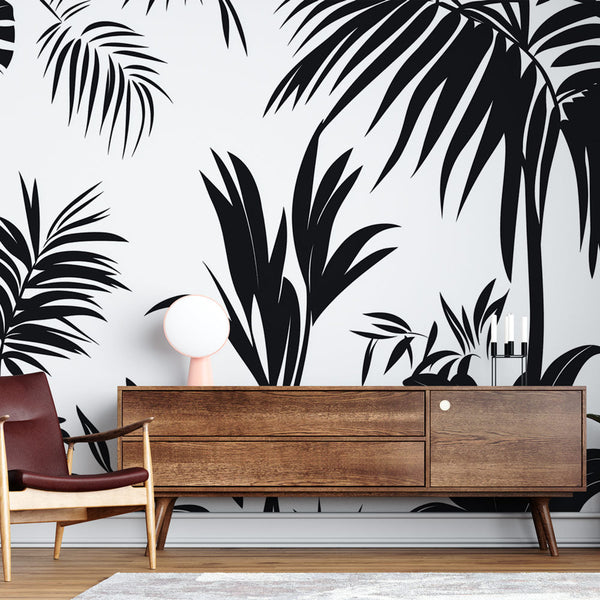 Tropical Wallpaper | Bold Black Leaves on White Mural