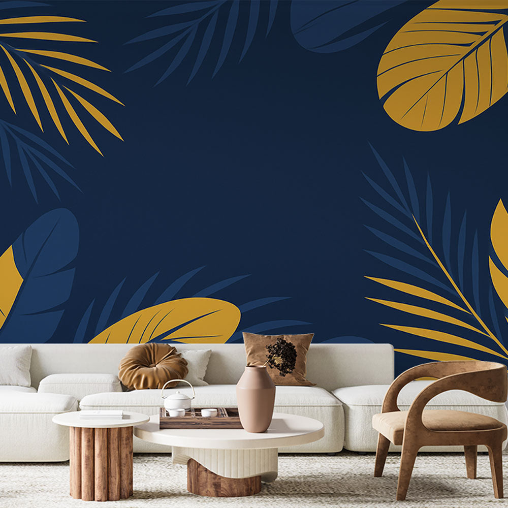 Tropical Wallpaper | Yellow Leaf Wall Mural on Navy Blue