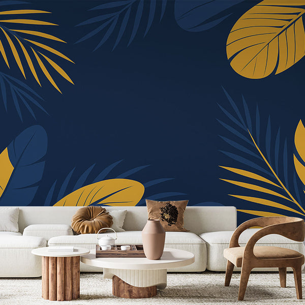 Tropical Wallpaper | Yellow Leaf Wall Mural on Navy Blue