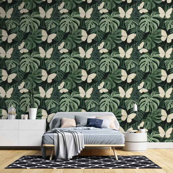 Tropical Wallpaper | Green Leaves and White Butterflies Mural