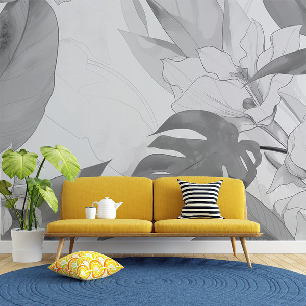 Tropical Wallpaper | B&W Leaves and Gold Flowers Mural