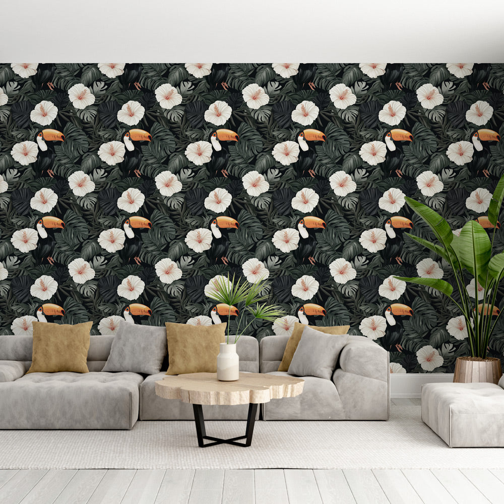 Tropical Wallpaper | White Hibiscus and Colorful Toucans