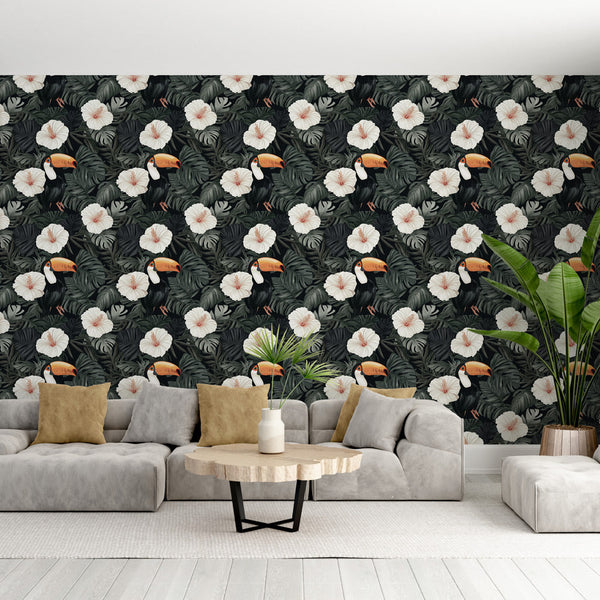 Tropical Wallpaper | White Hibiscus and Colorful Toucans