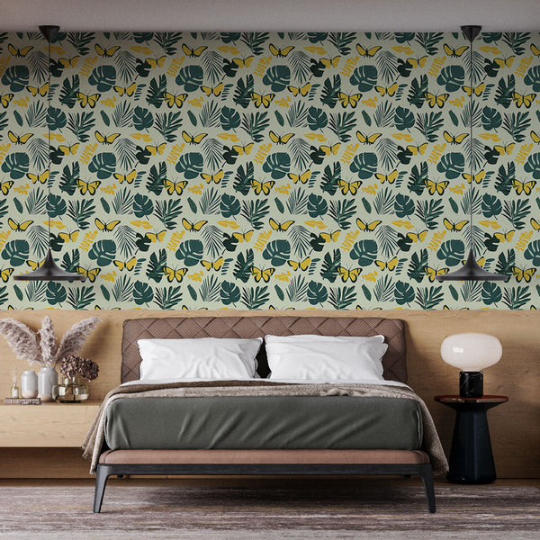 Tropical Wallpaper | Green Leaves and Yellow Butterflies