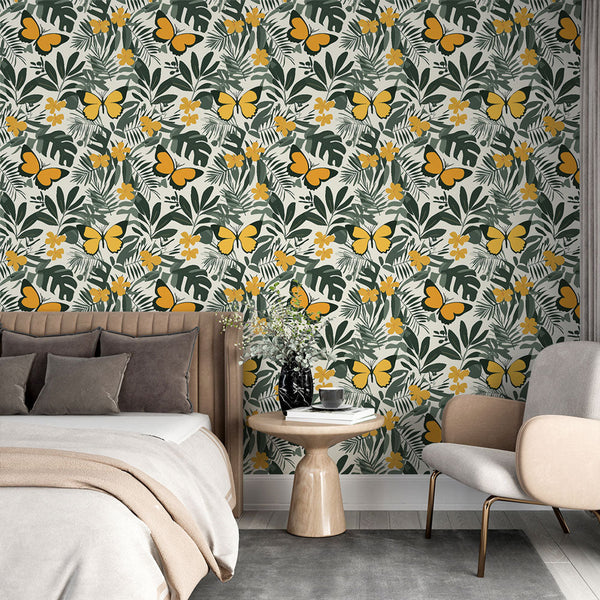 Tropical Wallpaper | Yellow Butterflies and Lush Foliage