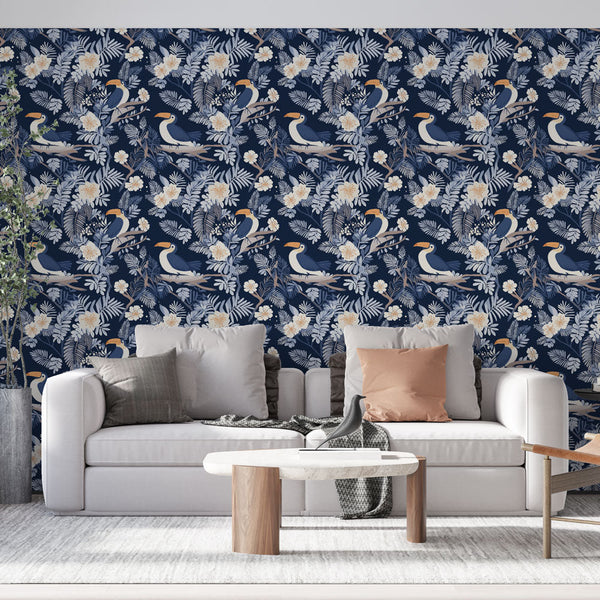 Tropical Wallpaper | Toucans and Blooms on Midnight Blue