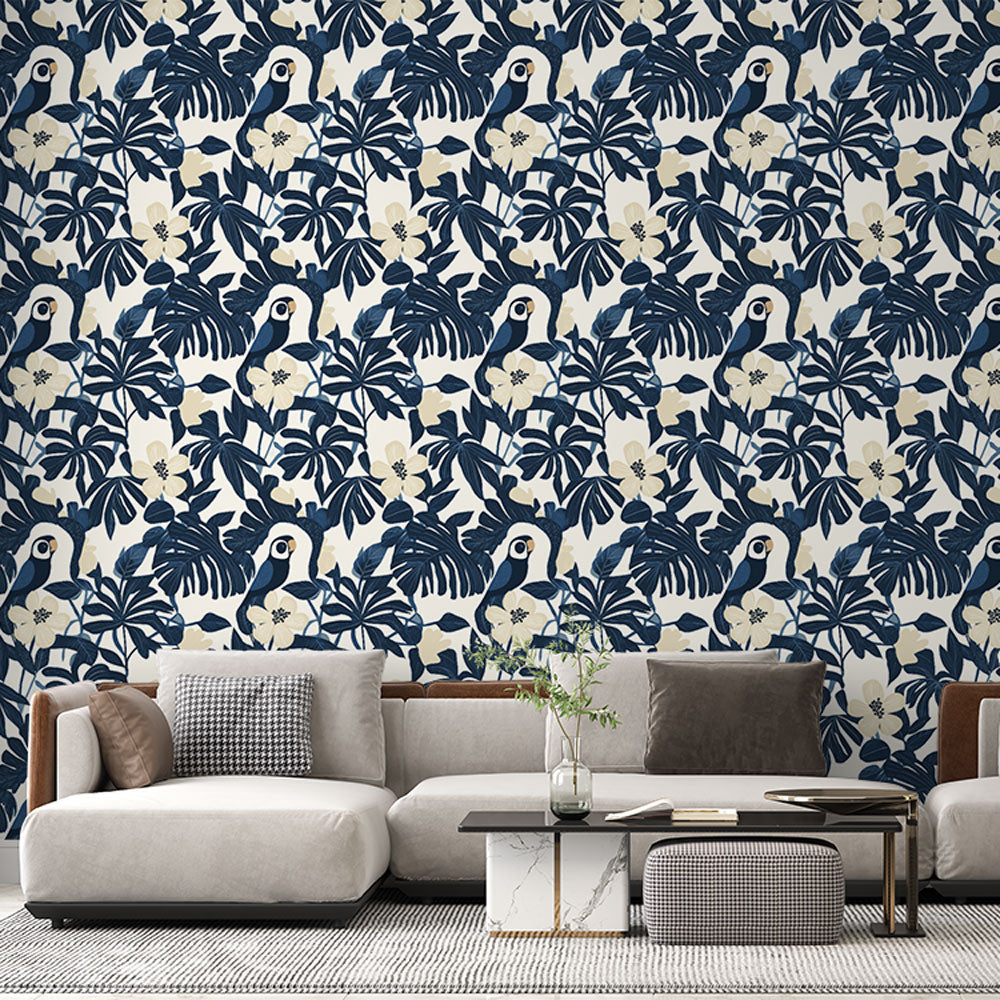 Toucan Wallpaper | Tropical Birds and Blooms on Light Ground