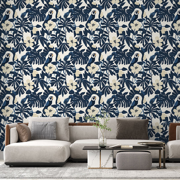 Toucan Wallpaper | Tropical Birds and Blooms on Light Ground