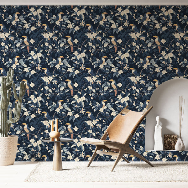 Tropical Wallpaper | Toucans and White Blooms on Navy