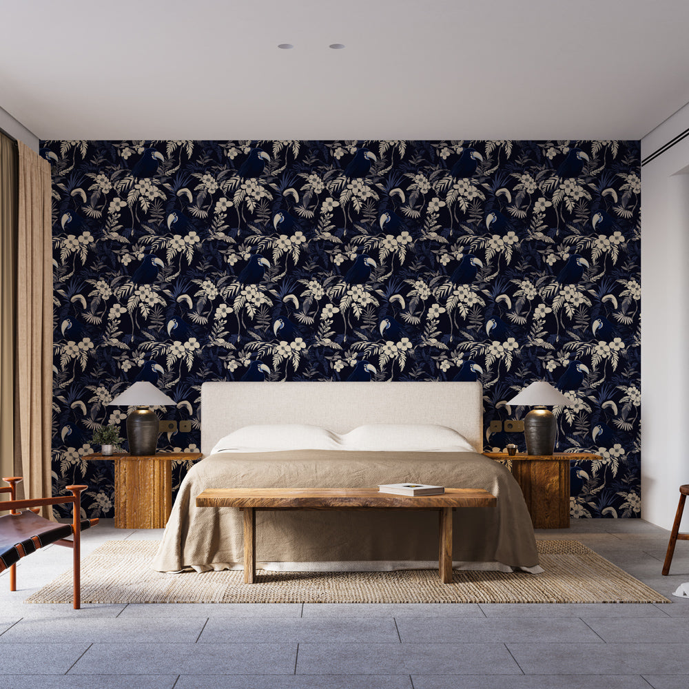 Parrot Wallpaper | Tropical Flowers on a Dark Navy Ground