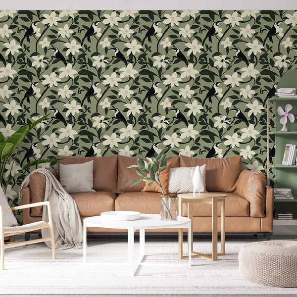 Tropical Wallpaper | Toucans and Flowers on Soft Green