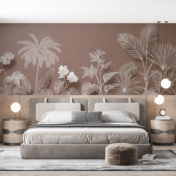 Tropical Wallpaper | White Botanical Outlines on Soft Pink