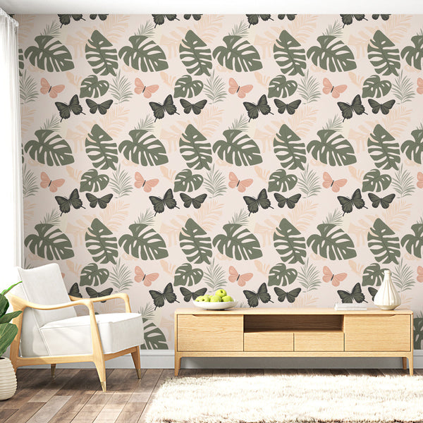 Tropical Wallpaper | Leaves and Butterflies in Pastel Harmony