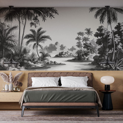 Black and white tropical wallpaper with towering palms in grayscale graphite tones
