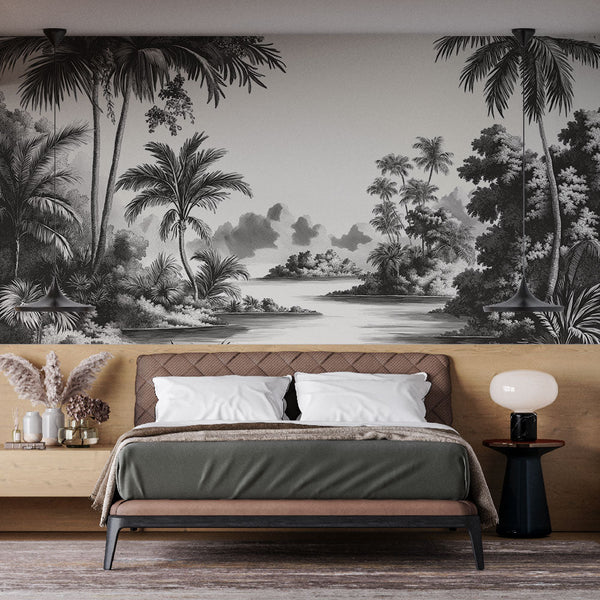 Black & White Tropical Wallpaper | Grayscale Palm Wall Mural