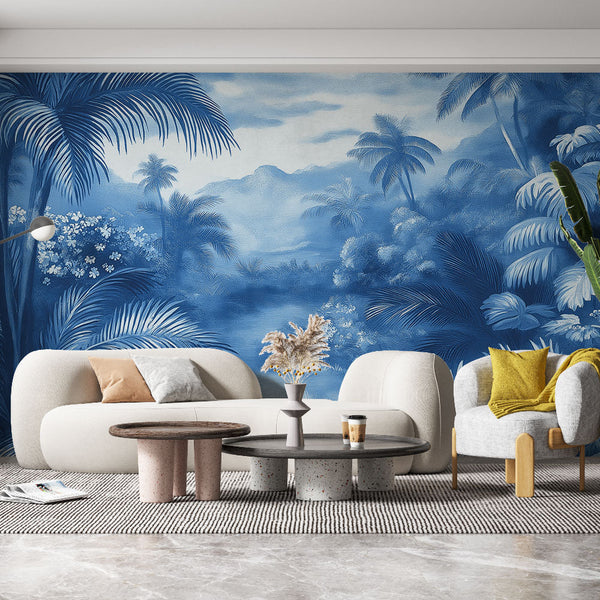 Navy Tropical Wallpaper | Palm Landscape Wall Mural
