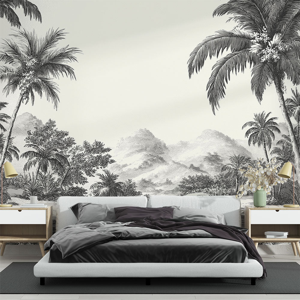 Tropical Wallpaper | Unfinished Black and White Tropical Scene