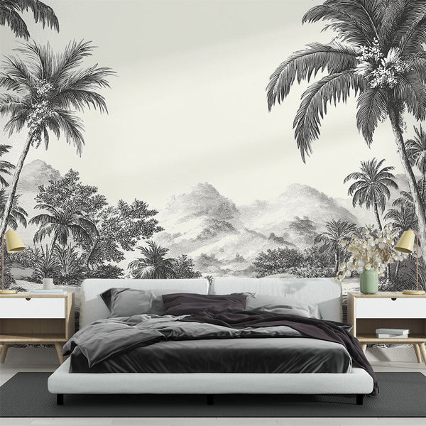 Tropical Wallpaper | Unfinished Black and White Tropical Scene