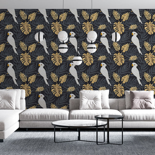 Tropical Wallpaper | White Parrots and Gold Leaves on Dark
