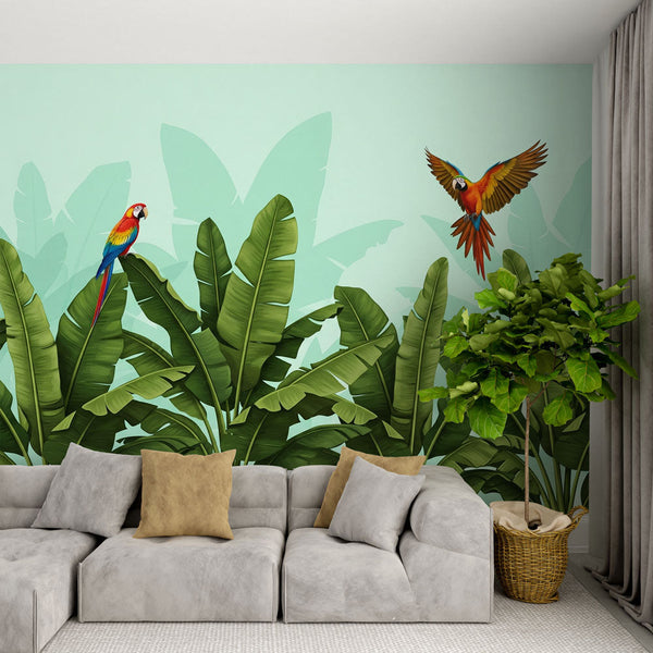 Tropical Wallpaper | Colorful Parrots Among Lush Green Leaves
