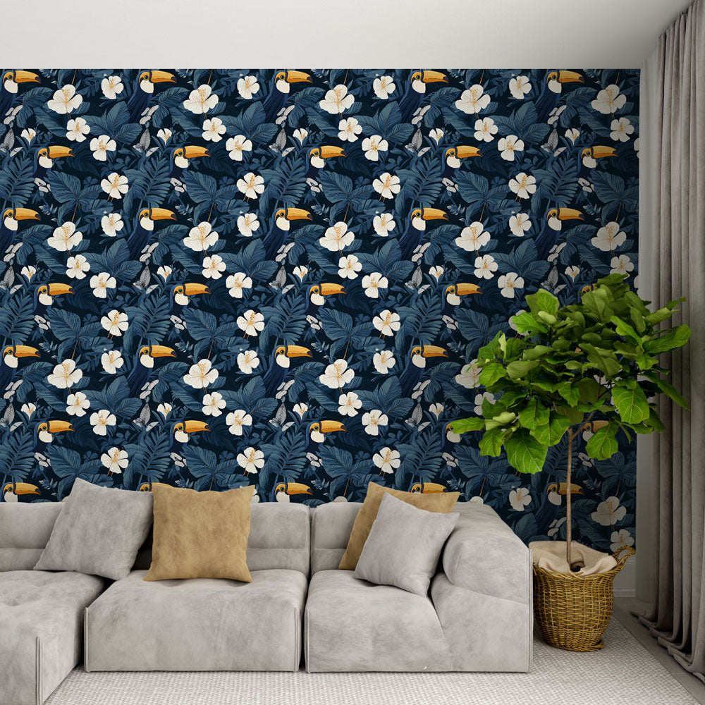 Tropical Wallpaper | Toucans and Blooms on Navy Blue