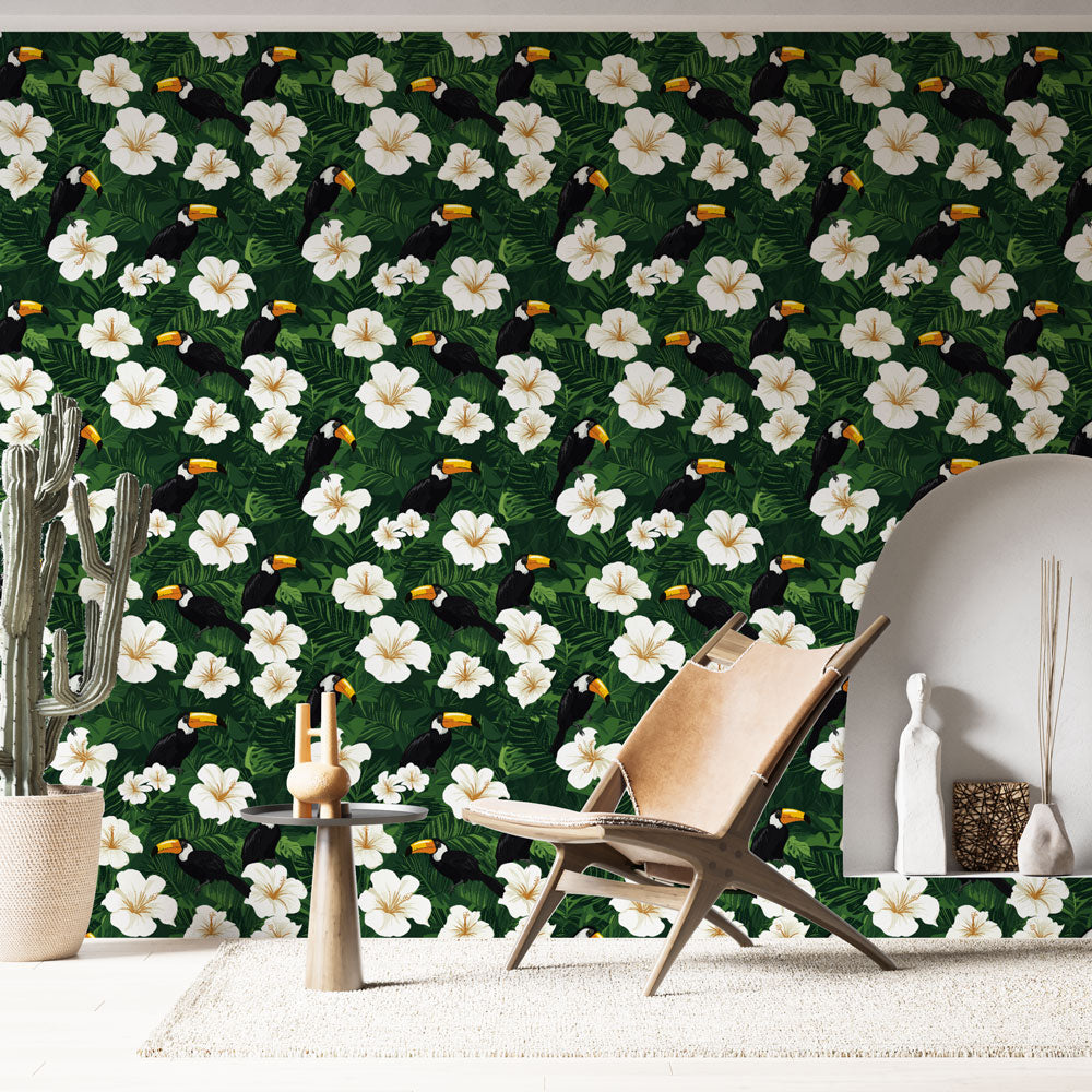 Tropical Wallpaper | Colorful Toucans and White Blooms