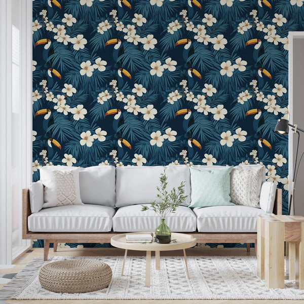 Tropical Toucan Wallpaper | Lush Leaves and White Blooms