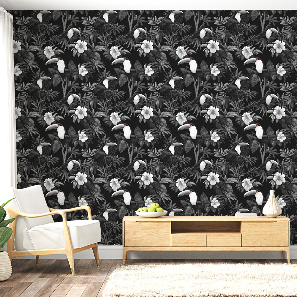 Tropical Wallpaper | Toucans and White Blooms on Black