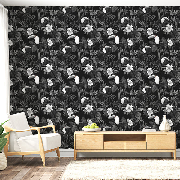 Tropical Wallpaper | Toucans and White Blooms on Black