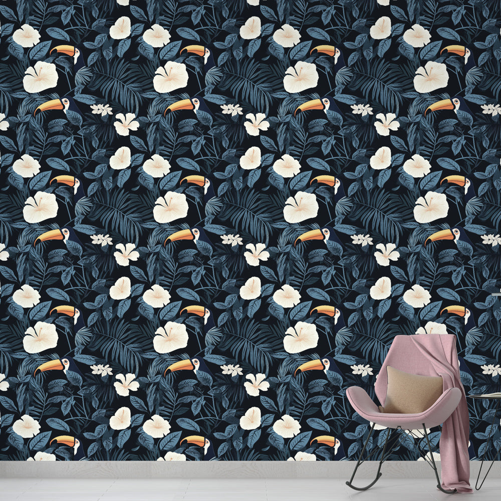 Tropical Wallpaper | Toucans and Flowers on a Dark Ground