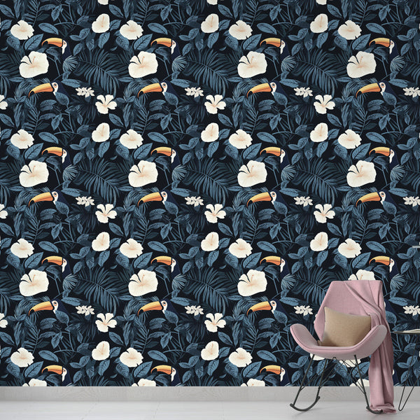 Tropical Wallpaper | Toucans and Flowers on a Dark Ground