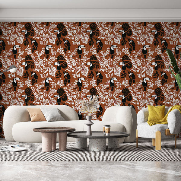 Tropical Wallpaper | Toucans and White Leaves on Terracotta