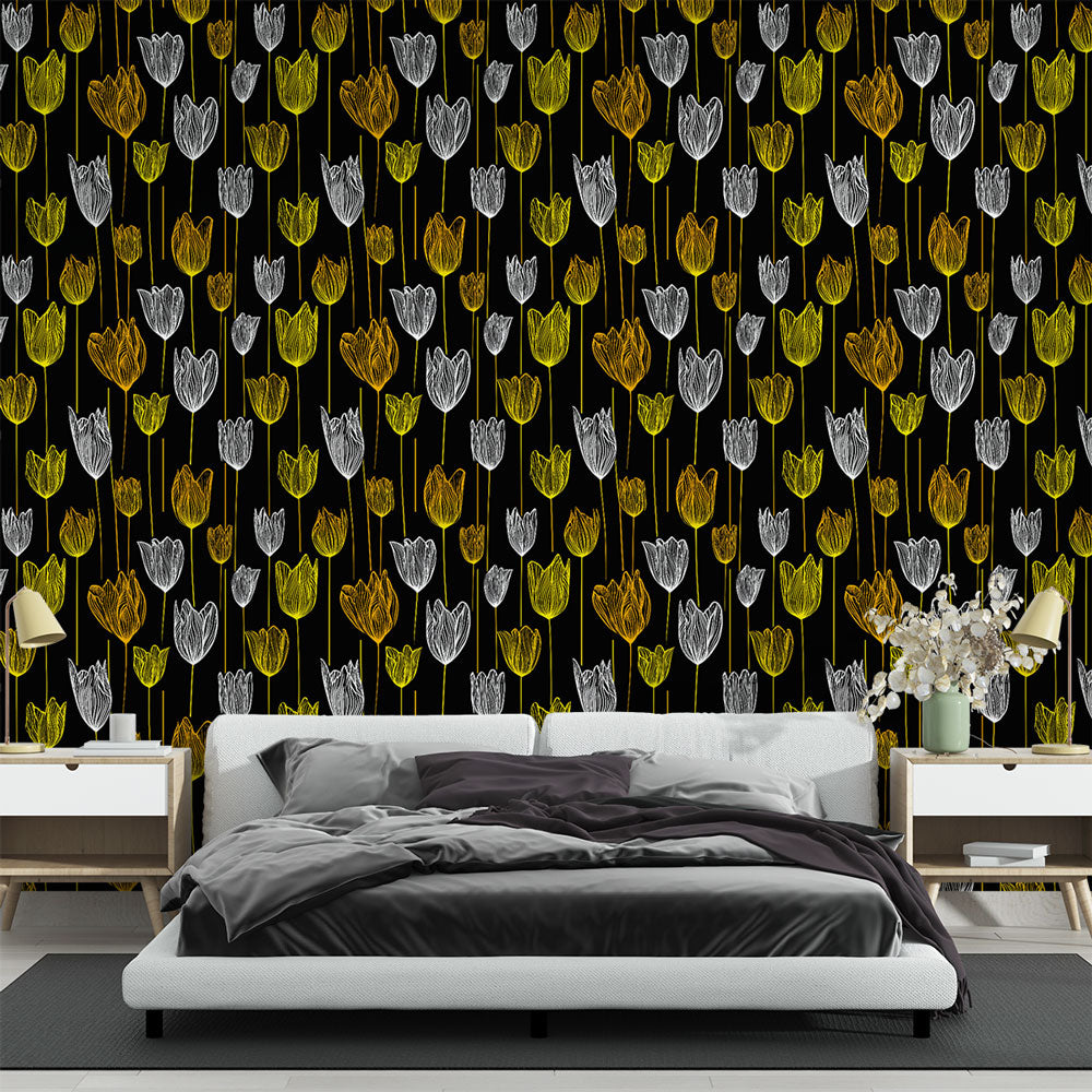 Colorful Tulip Wallpaper | White and Yellow Blooms on Black