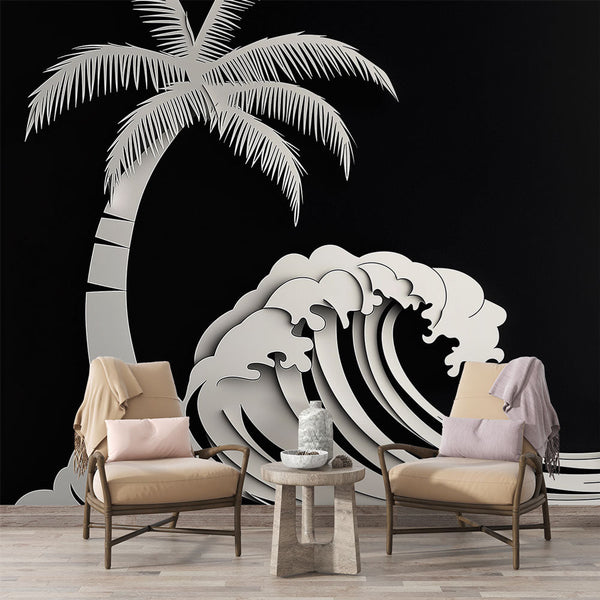 Wave Wallpaper | White Waves and Palm Relief Wall Mural