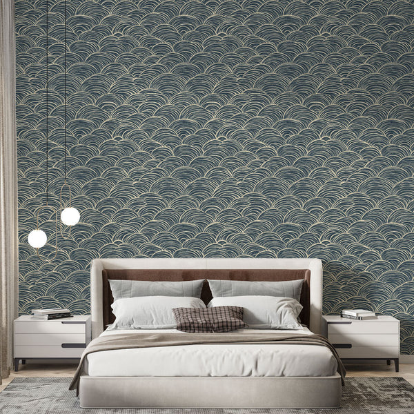 Japanese Waves Wallpaper | Navy Blue & Cream Wall Mural