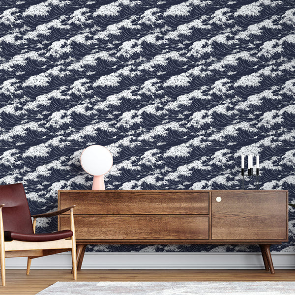 Marine Waves Wallpaper | White on Navy Wall Mural