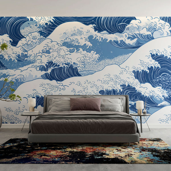 Marine Waves Wallpaper | Stylized Blue Wave Wall Mural
