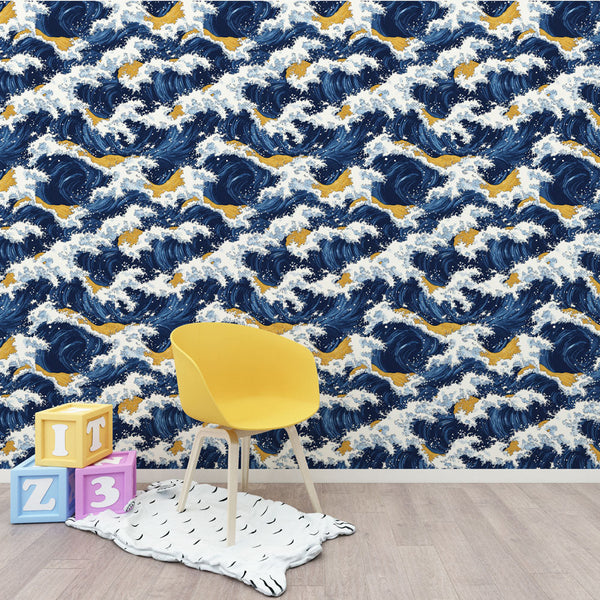 Marine Waves Wallpaper | Navy Blue with Gold Touches
