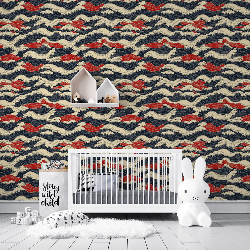 Marine Waves Wallpaper | Blue and Red on Cream