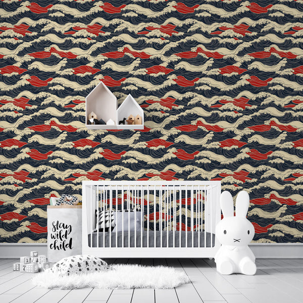 Marine Waves Wallpaper | Blue and Red on Cream