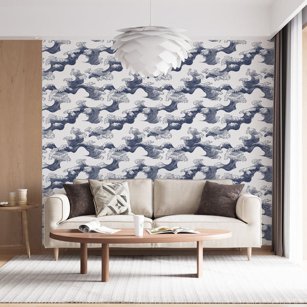 Wave Wallpaper | Navy & White Dynamic Wall Mural Coastal