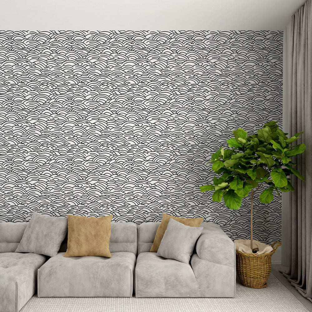 Waves Wallpaper | Stylised Black & White Pattern Wall Mural