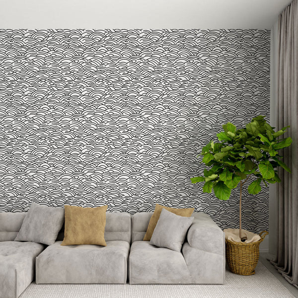 Waves Wallpaper | Stylised Black & White Pattern Wall Mural