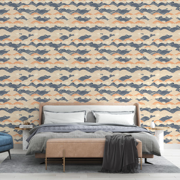 Stylized Wave Wallpaper | Navy & Coral on Cream Wall Mural